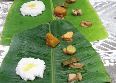 Banana leaf with sacred food offering, Chettinad, Tamil Nadu, South India-1